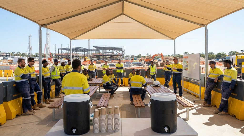 Construction workers discussing heat safety beside a shaded drinking-water station.