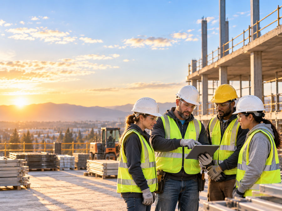 Four construction workers wearing safety vests, helmets, and gloves gathered around a tablet at a building site during sunset, reviewing plans with scaffolding, materials, and a city skyline in the background.