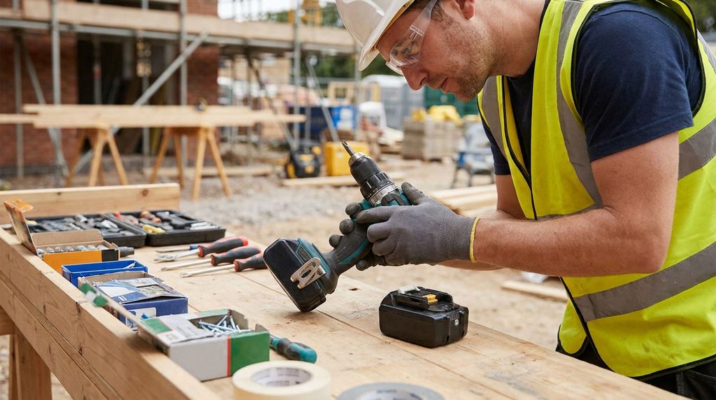 Worker inspecting a cordless drill with its battery removed before construction work.